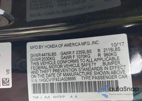 2018 Honda Accord Touring z USA, uszkodzony, nr VIN 1HGCV1F92JA028695